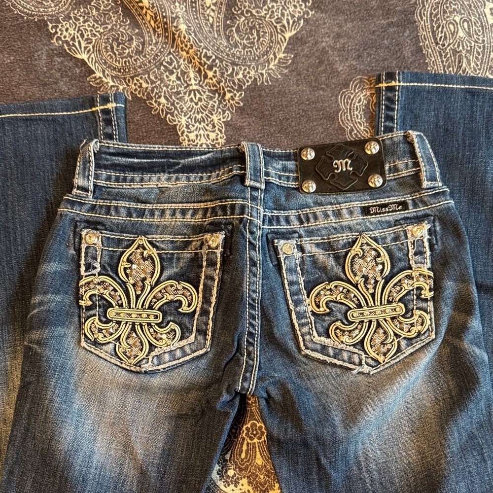 Miss Me Women's Dark Blue Boot Cut Jeans with Gold Embroidery